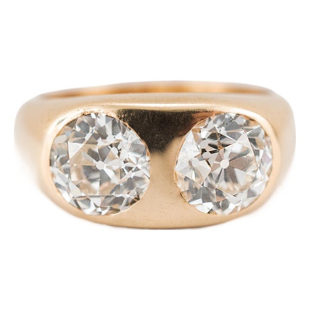 Late 20th Century Unisex Vintage 14k Yellow Gold Gia 3.75ct Two Bezel Set Diamond Cocktail Ring, Size 9 For Sale