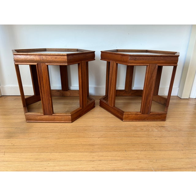 Excellent pair of Mid-Century Modern hexagonal side tables designed by John Keal for Brown Saltman. They have a hardwood...