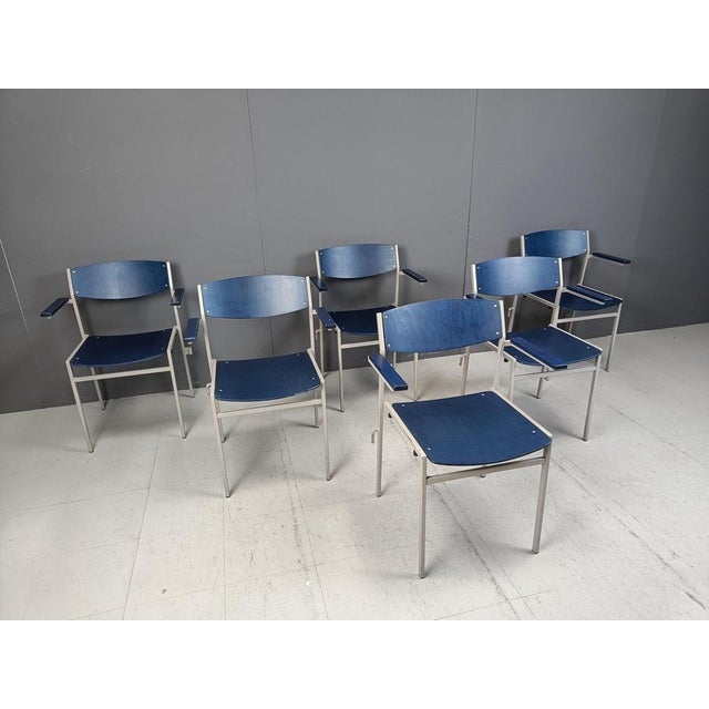Minimalist Metal and Plywood Stackable Armchairs from Gijs Van Der Sluis, 1960s, Set of 6 For Sale - Image 4 of 13