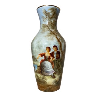 Quality Vintage Hand Painted Gilt Porcelain Figural Landscape Scene Vase Urn For Sale