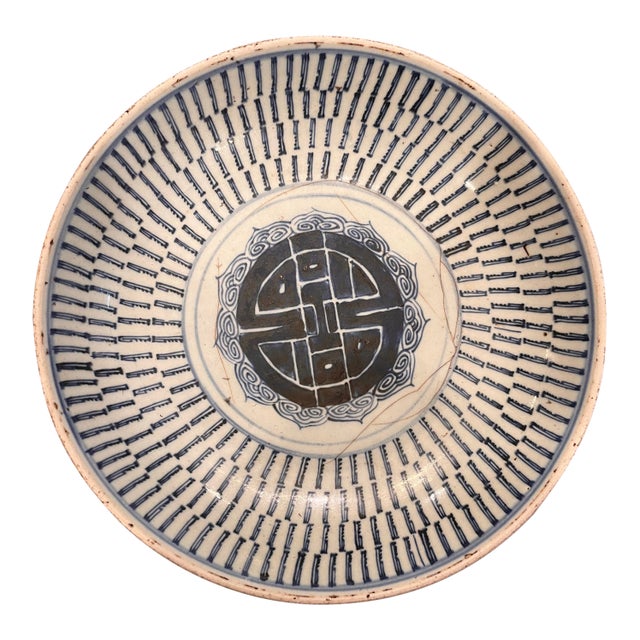 Antique Chinese Blue White Porcelain Longevity Shou Plate Dish For Sale