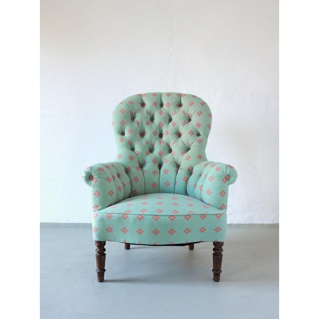 Vintage Green Coral Button Back Armchair, Belgium For Sale - Image 9 of 9