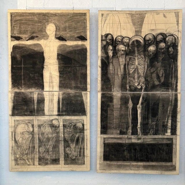 This artwork, a pair of charcoal diptychs is comprised of four canvases depicting skeletal figures and shadowy forms. The...