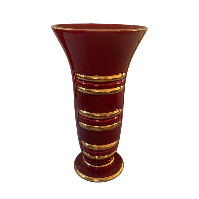 Art Deco Red and Gold Ceramic Trumpet Vase by Blanche Letalle for Saint-Clement (27 x 15 cm / 10.6 x 5.9 in), Oxblood...