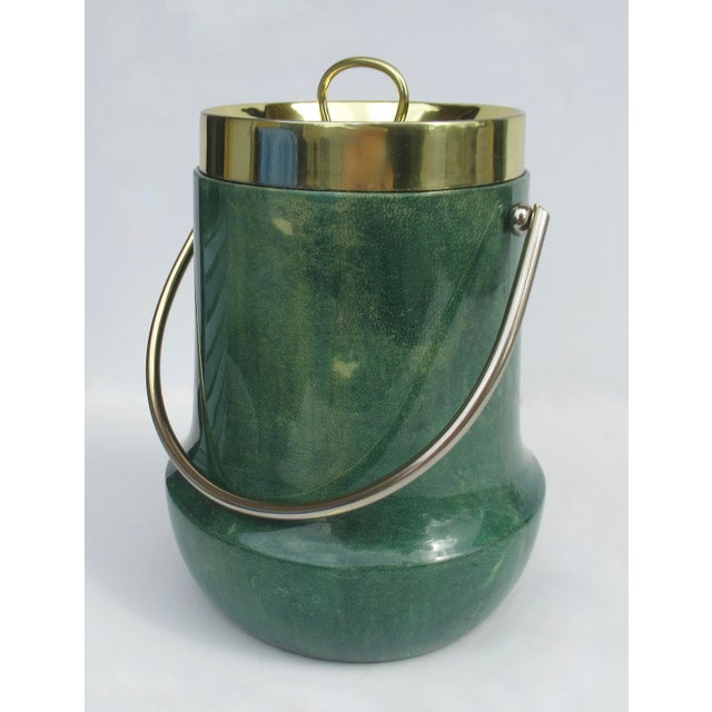 Aldo Tura Vintage C.1960's Italian Aldo Tura Malachite Green Goatskin & Brass Lidded Ice Bucket For Sale - Image 4 of 18