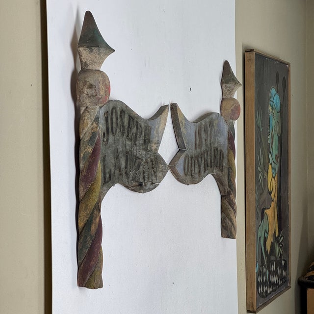 Blue Late 19th Century Rare & Unusual Pair of French Hand Painted and Carved Wood Trade Sign in Form of Pole & Flag For Sale - Image 8 of 16