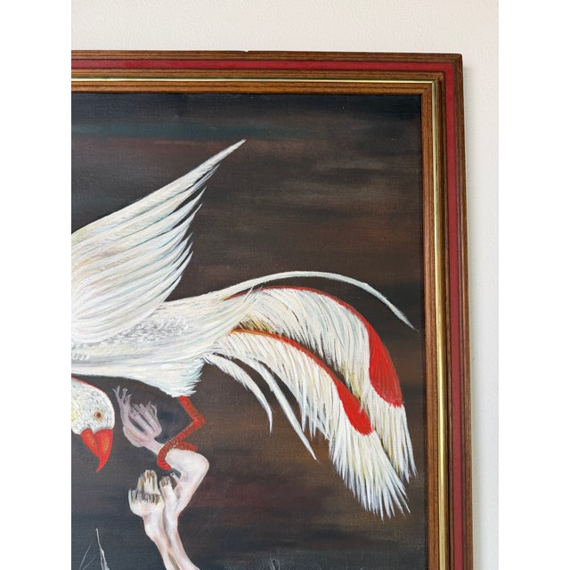 1970s Vintage Surrealist Bird & Tree Oil on Canvas Painting, Framed, Signed b.d.c. For Sale In Miami - Image 6 of 12