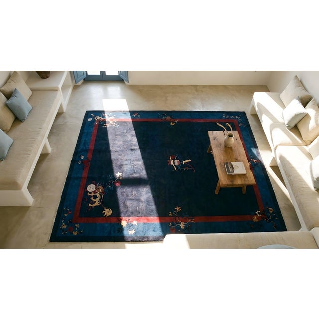 1930s Dark Blue Floral Antique Peking Rug 11' X 15' Handknotted Wool Carpet For Sale - Image 12 of 13