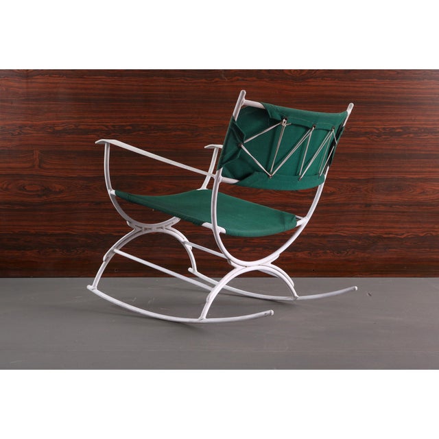 Mid-Century Modern Mid Century Modern Rocking Lounge Chair in Green Canvas and White Metal For Sale - Image 3 of 13