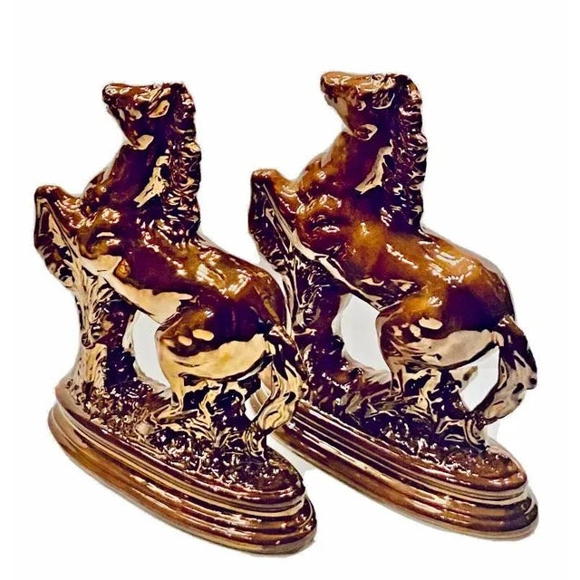 Ceramic Antique Staffordshire Copper Luster Rearing Stallion Mantle Figurines, Circa 1910 For Sale - Image 7 of 11