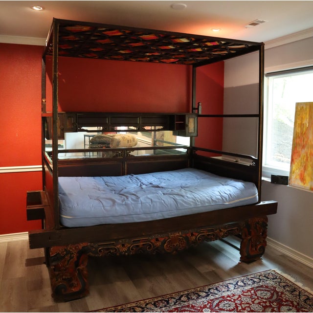Brown Ornate Hand Carved Chinese Canopy Wedding Bed With Mirrored Sideboard For Sale - Image 8 of 15