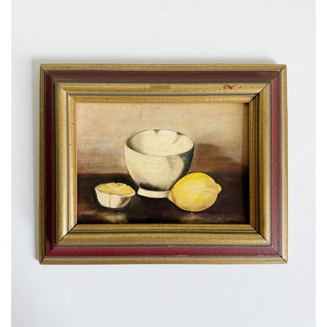 These matching still-life original oil paintings feature classic, Dutch-inspired culinary imagery framed in red-and-gold...