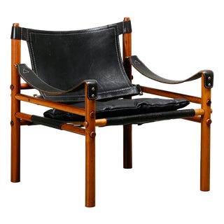 Sirocco Safari Lounge Chair in Black Leather by Arne Norell for Arne Norell AB, Sweden, 1960s For Sale
