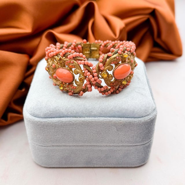 Mid-Century Modern Vintage Coral Glass and Yellow Rhinestone Clamper Cuff, 1940 For Sale - Image 3 of 11