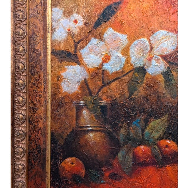 Baroque Framed Oil on Canvas Still Life Painting With a Bronze Vase Fruits and Flowers For Sale - Image 3 of 5