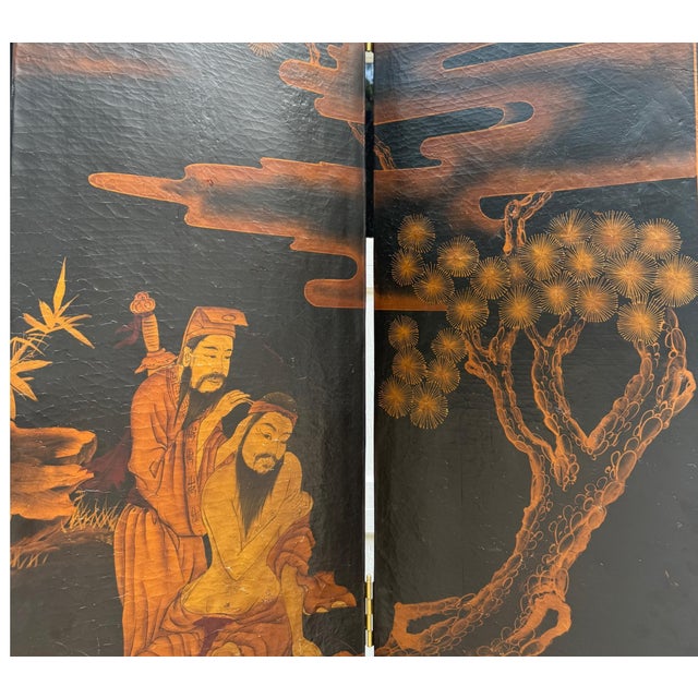 Large Chinese Eight-Panel Black Lacquer Folding Screen With Scholar Landscape, Circa 1925–1940 For Sale - Image 11 of 13
