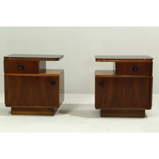 Wood Mid-Century Nightstands with Walnut Veneer and Black Opal Glass Tops, 1960s, Set of 2 For Sale - Image 7 of 17