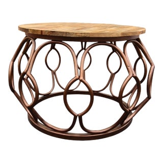 Vintage Round Wood & Metal Coffee Table For Sale