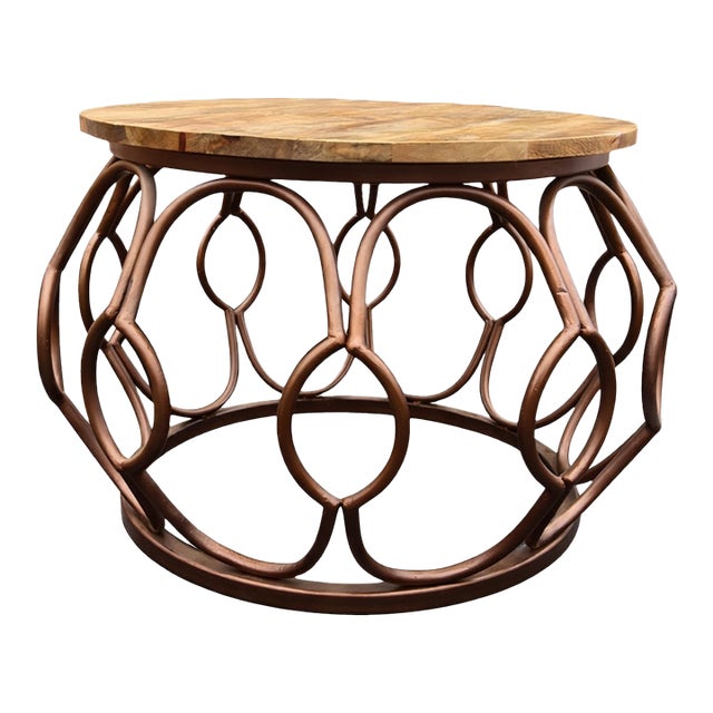 Vintage Round Wood & Metal Coffee Table For Sale