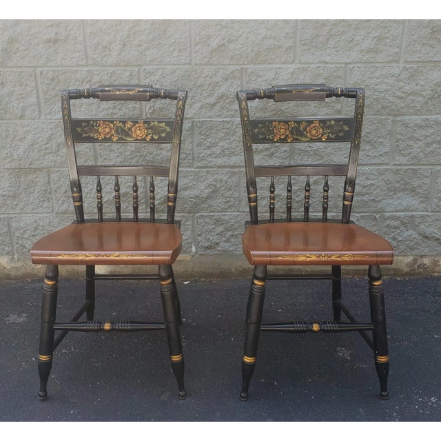 Mid-Century Modern Pair of Lambert Hitchcock Ebonized and Gilt Ornate Maple Dining Chairs For Sale - Image 3 of 9