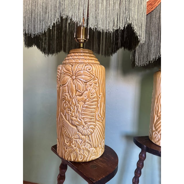 Vintage Mid-Century Ceramic Seahorse Relief Table Lamps, a Pair — Coastal Hollywood Regency, Rewired For Sale - Image 11 of 15