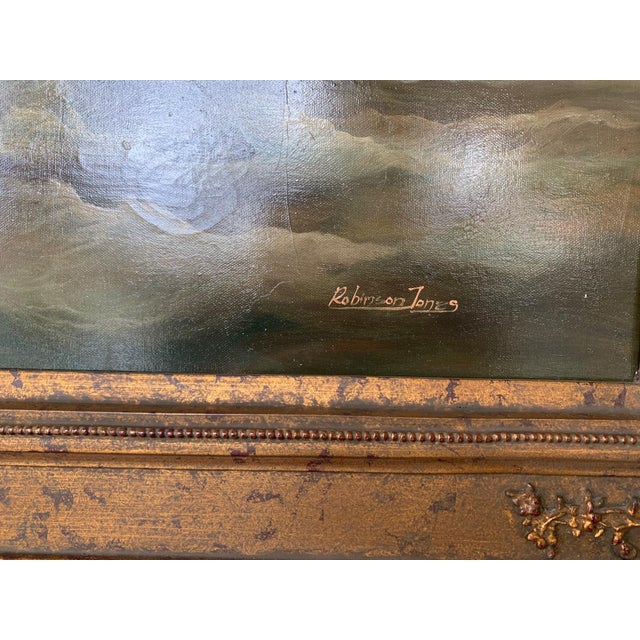 Oil on canvas painting of sailing ships in stormy weather in early 19th century style. Signed Robinson Jones.