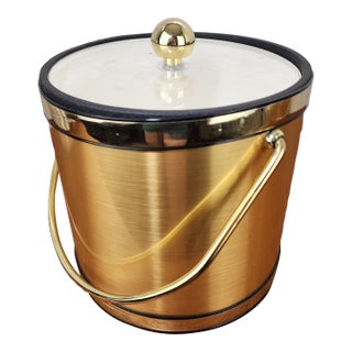 Vintage Mid 20th Century Coppertone Ice Bucket With Clear Acrylic and Gold Brass Details For Sale