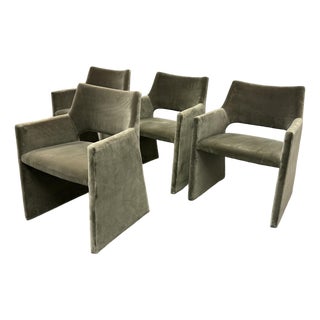 Caleb Zipperer for Cb2 Foley Olive Green Velvet Dining Armchairs, Set of Four For Sale
