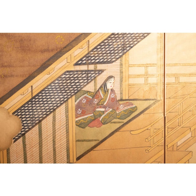 Stunning Japanese 4-panel painted silk Byobu (folding screen), depicting a scene from the 11th century classic work of...