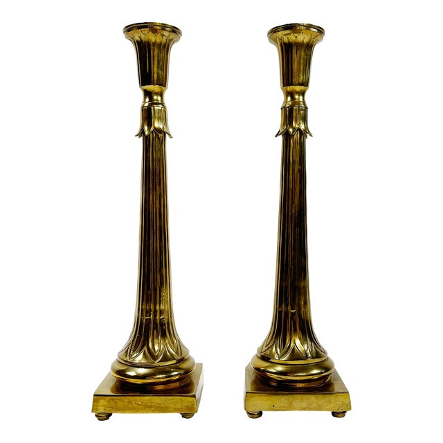 Vintage Grand Fluted Brass Candlesticks, a Pair For Sale