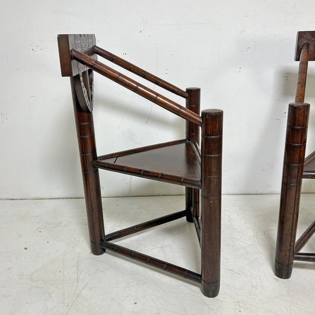 Wood Circa Early 20th Century Antique Swedish Monk's Corner Chairs in Oak -- A Pair For Sale - Image 7 of 14