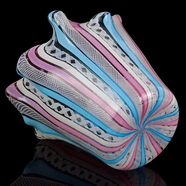 Pink Murano Fratelli Toso Vintage Pink White Blue Italian Art Glass Decorative Fazzoletto Flower Vase For Sale - Image 8 of 8