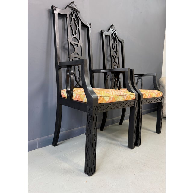 Elegant Pair of 1970s Black Chinoiserie Arm Chairs W/Carved Details Mid Century For Sale - Image 9 of 11