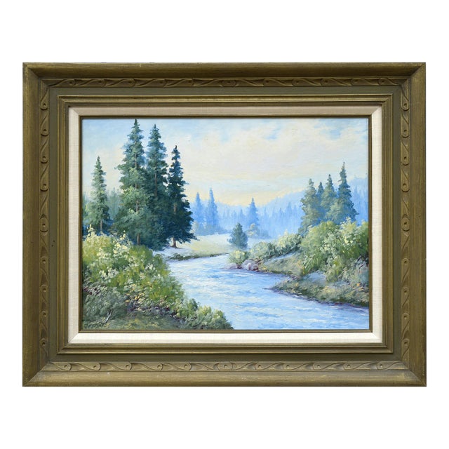 McKenzie River, Oregon - Mid Century Pacific Northwest Evergreen Landscape by Loretta Adele Lee Kirchoff For Sale