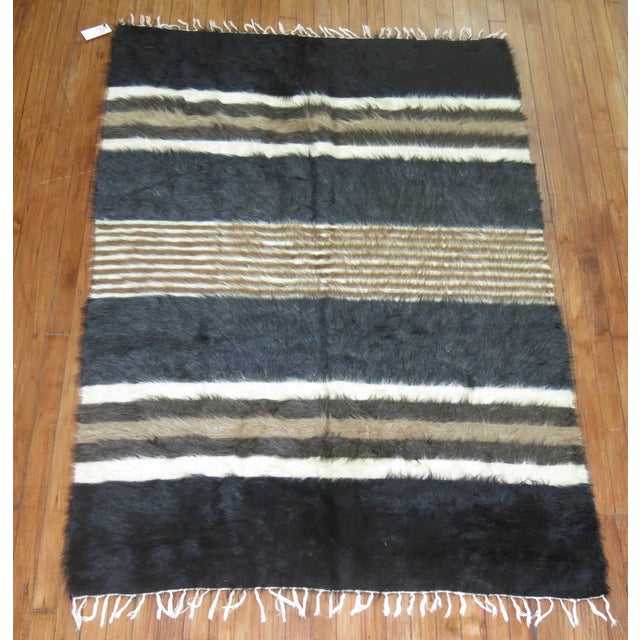 Contemporary Black Gray Brown Ivory Plush Organic Vintage Mohair Wool Rug For Sale - Image 3 of 6