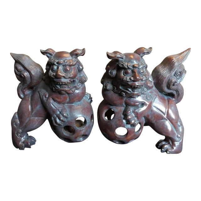 Vintage Hand Carved Foo Dogs - Set of 2 For Sale