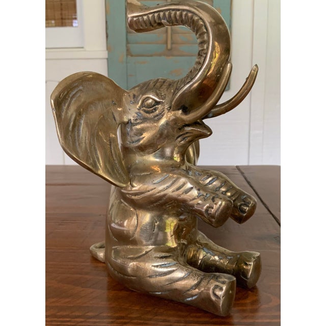 Vintage Solid Brass Sitting Elephant Statue or Bookend for Palm Beach Regency, British Colonial, Hollywood Regency and Chinoiserie Decor For Sale - Image 4 of 9