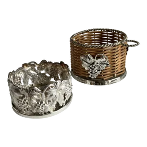 Silver-Plate and Wicker Wine Bottle Coaster & Silver-Plate Portuguese Wine Bottle Holder With Grapes