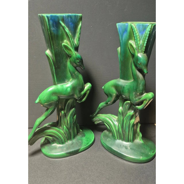 Pair of Royal Haeger MCM Gazelle Vases w/ green and Iris blue drip glaze.In great shape, no cracks or major chips. A small...