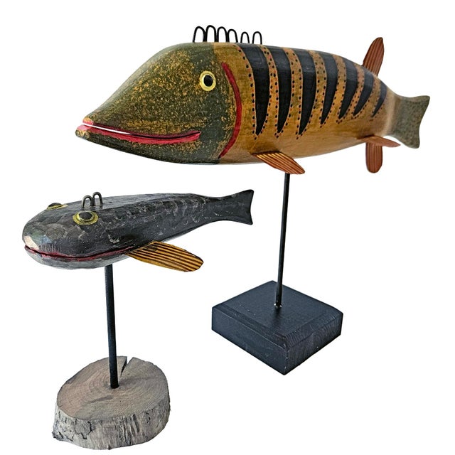 Brown Contemporary Folk Art Fish Decoys by Ronald Derrow Set of 2 For Sale - Image 8 of 18