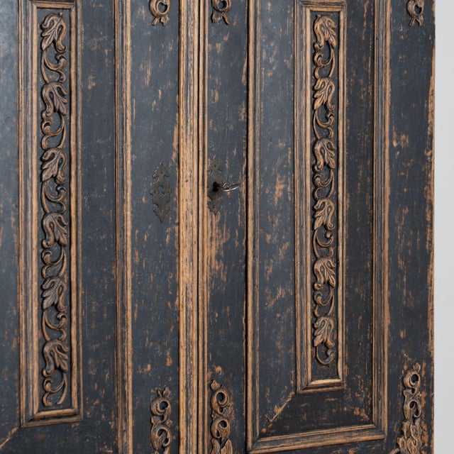 Black Late 18th Century Swedish Black Painted Oak Armoire With Carved Putti and Lion Heads For Sale - Image 8 of 18