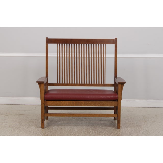 Age: C.1994 Details: Finish no.35 Burgundy Leather Seat Cushion High Quality Construction Arts & Crafts Oak Spindle Back...