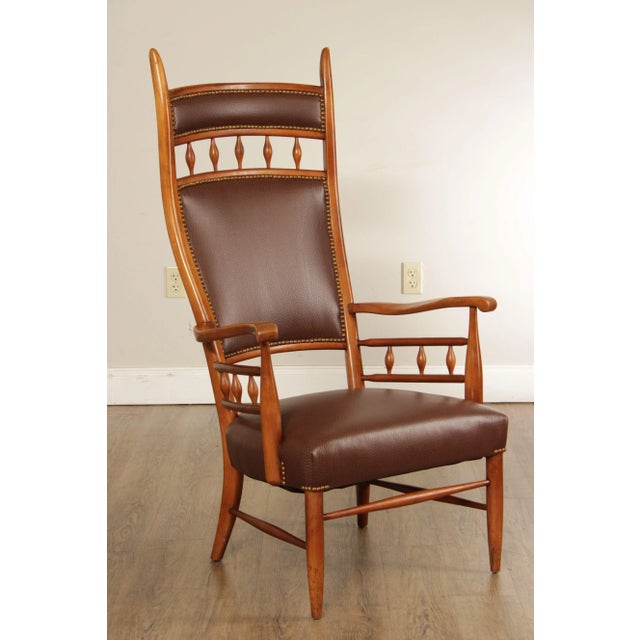 Wood Mid Century Unusual High Back Sculpted Maple & Leather Arm Chair For Sale - Image 7 of 12