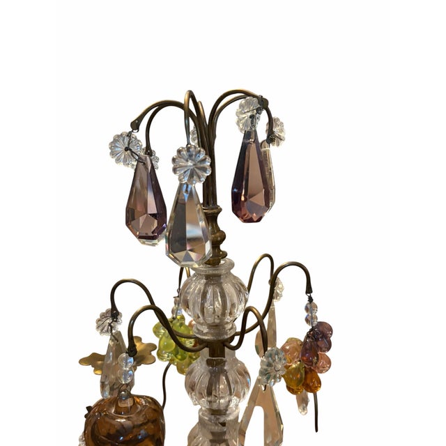 Pair 3-Arm French Gilt Brass Crystal Fruit and Crystal Candelabra, Made in France, Mid-Century Hollywood Regency For Sale - Image 4 of 12