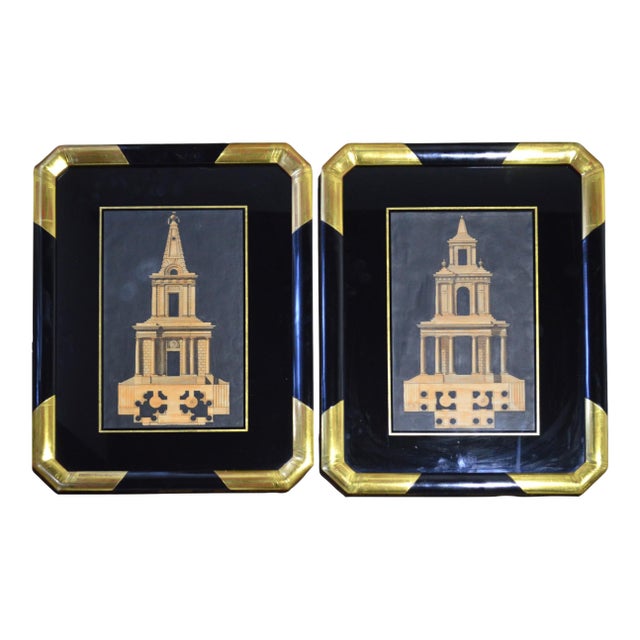 Pair Antique Architectural Engravings in Fine Gilt & Lacquer Modernist Frames For Sale