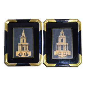Pair Antique Architectural Engravings in Fine Gilt & Lacquer Modernist Frames