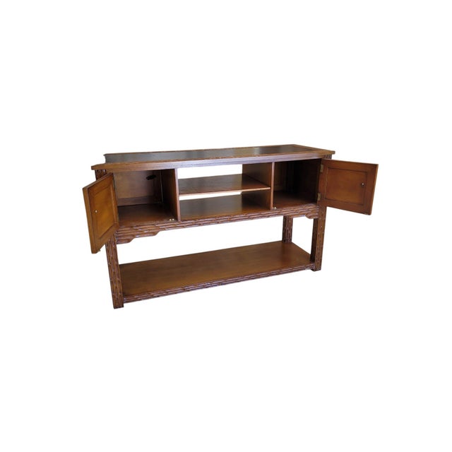 Brown 1980s Spanish Revival Hand-Gouged Wood Media Console Credenza With Shelf For Sale - Image 8 of 11