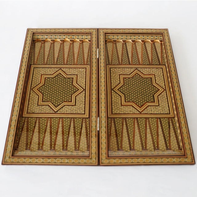 Traditional Handcrafted Chess & Backgammon Set – Geometric Marquetry Game Board | Pilardi For Sale - Image 3 of 8