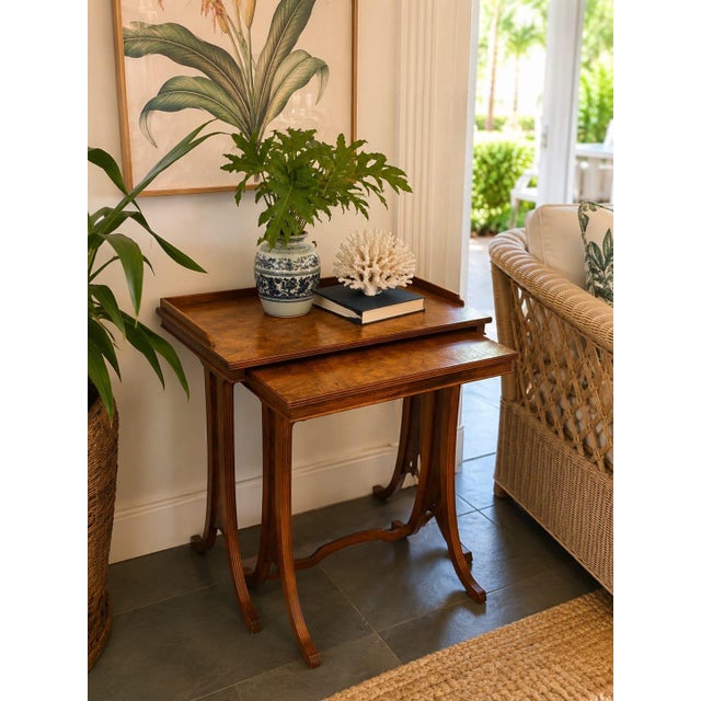Set of 2 Vintage Edwardian-Style Burl Walnut Nesting Tables For Sale In West Palm - Image 6 of 12