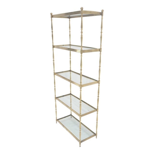 Turned Heavy Solid Brass & Glass Shelve Ball Finials Italian Decorative Etagere For Sale